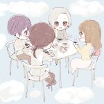  2boys 2girls :d absurdres blush blush_stickers brown_eyes brown_hair chair chibi coffee_cup cup disposable_cup fueguchi_ryouko ghost gradient gradient_background highres holding holding_cup husband_and_wife kaneki_ichika kirishima_arata kirishima_hikari long_hair low_ponytail multiple_boys multiple_girls noro_(tokyo_ghoul) open_mouth photo_(object) ponytail shiny shiny_hair short_hair sitting smile table tokyo_ghoul tokyo_ghoul:re toukaairab 