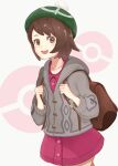  1girl backpack bag bangs blush bob_cut brown_bag brown_eyes brown_hair buttons cable_knit cardigan collared_dress commentary cowboy_shot dress gloria_(pokemon) green_headwear grey_cardigan hat holding_strap hooded_cardigan long_sleeves looking_at_viewer open_mouth pink_dress poke_ball pokemon pokemon_(game) pokemon_swsh pom_pom_(clothes) purea short_hair smile solo tam_o&#039;_shanter toggles white_background 