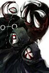  3boys bin_brothers_(tokyo_ghoul) black_cloak brothers brown_hair cloak commentary_request hood hood_up hooded_cloak kagune_(tokyo_ghoul) male_focus mask medium_hair multiple_boys noro_(tokyo_ghoul) ponytail siblings simple_background straw_like teeth teeth_print tentacles tokyo_ghoul white_background 