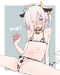  1girl animal_ears bell bikini black_bikini black_choker blue_background blue_eyes blush border choker claw_pose cow_ears cow_horns cow_tail cowbell ear_tag eyes_visible_through_hair fang fingernails flat_chest green_nails hair_over_one_eye hand_up heterochromia higashi_shino highres horns medium_hair nail_polish nowareno_(higashi_shino) open_mouth original petite solo spread_legs swimsuit tail white_border 