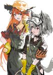  2girls absurdres alchemaniac animal_ears arknights armband bagpipe_(arknights) brown_shirt cowboy_shot dragon_horns gloves grani_(arknights) green_overalls grey_hair hair_between_eyes hat highres hip_vent holding horns horse_ears horse_girl horse_tail light_blush looking_at_viewer multiple_girls open_mouth orange_hair plaid plaid_shirt ponytail potato purple_eyes red_shirt shirt simple_background sketch sun_hat tail teeth visor_cap white_background yellow_gloves 