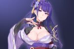  1girl genshin_impact hair_in_mouth hair_ornament highres japanese_clothes kimono long_hair looking_at_viewer mole mole_under_eye purple_eyes purple_hair raiden_shogun sash shrug_(clothing) solo surock 