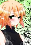  1girl bangs black_shirt blonde_hair blush breasts closed_mouth commentary_request dotted_background eyebrows_visible_through_hair eyes_visible_through_hair green_background green_eyes hair_between_eyes hazuki_kasane looking_at_viewer medium_breasts mizuhashi_parsee pointy_ears shirt short_hair sleeveless sleeveless_shirt solo touhou turtleneck upper_body 