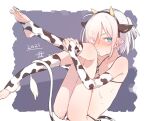  1girl 2021 animal_ears animal_print bikini blue_eyes blue_nails blush border bridal_gauntlets brown_hairband chinese_zodiac closed_mouth cow_ears cow_print cow_tail elbow_gloves eyes_visible_through_hair fake_horns flat_chest foot_up from_side gloves grey_hair hair_over_one_eye hairband higashi_shino highres horns looking_at_viewer micro_bikini nail_polish nowareno_(higashi_shino) original petite pointy_ears ponytail purple_background slit_pupils socks solo stirrup_legwear swimsuit tail toeless_legwear toenail_polish toenails white_border year_of_the_ox 