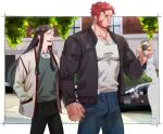  2boys =3 beard contemporary couple denim facial_hair fate/zero fate_(series) feet_out_of_frame holding_hands interlocked_fingers iskandar_(fate) jacket jeans jeje_(pixiv12541114) large_pectorals lord_el-melloi_ii male_focus mature_male multiple_boys muscular muscular_male open_clothes open_jacket pants pectoral_cleavage pectorals red_eyes red_hair shirt short_hair waver_velvet white_shirt winter_clothes yaoi 