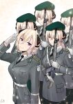  5girls absurdres battle_rifle beret black_necktie blonde_hair clone collared_shirt epaulettes g3_(girls&#039;_frontline) girls&#039;_frontline gloves green_headwear grey_jacket gun h&amp;k_g3 hat highres holding holding_gun holding_weapon jacket long_hair long_sleeves military military_uniform multiple_girls multiple_persona necktie purple_eyes rifle shirt stigmamyu uniform weapon white_gloves white_shirt 