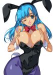  1girl animal_ears bare_shoulders black_leotard blue_eyes blue_hair blue_legwear bow bowtie breasts bulma cleavage commentary_request cowboy_shot detached_collar dragon_ball dragon_ball_(classic) fake_animal_ears highres large_breasts leotard long_hair looking_at_viewer one_eye_closed open_mouth pantyhose playboy_bunny rabbit_ears red_bow red_bowtie simple_background solo strapless strapless_leotard tamiya_akito white_background wrist_cuffs 