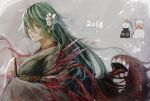  1girl 2018 2boys alternate_costume alternate_hairstyle bangs eto_(tokyo_ghoul) floral_print flower food food_on_head fruit fruit_on_head gradient gradient_background green_hair grey_background grey_hair hair_between_eyes hair_flower hair_ornament japanese_clothes kagune_(tokyo_ghoul) kimono long_hair long_sleeves multiple_boys noro_(tokyo_ghoul) object_on_head orange_(fruit) orange_kimono short_hair sleeves_past_fingers sleeves_past_wrists smile straw_like tatara_(tokyo_ghoul) teeth thumbs_up tokyo_ghoul tongue tongue_out white_flower wide_sleeves 