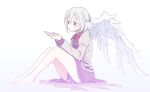  1girl angel_wings arms_up barefoot beige_jacket blush bow bowtie braid dress eyebrows_visible_through_hair feathered_wings french_braid full_body hair_between_eyes highres joyfull_(terrace) kishin_sagume long_sleeves palms purple_dress red_bow red_bowtie red_eyes ripples short_hair silver_hair simple_background single_wing sitting solo thighs touhou water white_background wings 