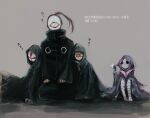  1girl 3boys ? ?? bandaged_head bandaged_leg bandages bangs bin_brothers_(tokyo_ghoul) brothers brown_hair cloak eto_(tokyo_ghoul) eye_mask gradient gradient_background grey_background half_mask holding holding_phone hood hood_up hooded_cloak knees_up leaning_on_person long_sleeves mask medium_hair multiple_boys noro_(tokyo_ghoul) phone ponytail purple_eyes siblings sitting sleeping sparkle straw_like teeth_print tokyo_ghoul translation_request turtleneck zzz 