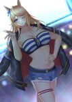  1girl absurdres animal_ears bandeau bangs belt black_belt black_jacket blonde_hair blue_bow blue_eyes blush bow breasts cleavage collarbone commentary_request cowboy_shot cutoffs denim denim_shorts dutch_angle ear_bow eyebrows_visible_through_hair gold_city_(umamusume) hand_on_hip hand_up highres horse_ears jacket jacket_on_shoulders large_breasts lens_flare long_hair long_sleeves looking_at_viewer midriff navel one_eye_closed parted_lips rakudai37 short_shorts shorts solo standing stomach strapless striped_bandeau thigh_strap thighs tube_top umamusume 