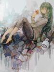  1girl apple bangs barefoot blue_eyes book breasts brown_pants brown_sweater eto_(tokyo_ghoul) food fruit gradient gradient_background green_hair grey_background hair_between_eyes heterochromia holding holding_food holding_fruit long_hair long_sleeves mask medium_breasts noro_(tokyo_ghoul) pants red_apple red_eyes shiny shiny_hair smile solo straw_like sweater tokyo_ghoul turtleneck turtleneck_sweater 