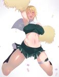  1girl absurdres agovitch armpits arms_up bangs black_legwear blonde_hair blue_eyes blush breasts cheering cheerleader cleavage commentary confetti covered_nipples haiboku_no_megami highres jumping looking_at_viewer midriff navel one_eye_closed open_mouth original pom_pom_(cheerleading) short_hair skindentation smile solo sweat symbol-only_commentary thighs tied_hair two-tone_skirt uniform white_footwear 