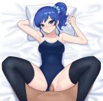  1boy 1girl aikatsu! aikatsu!_(series) aqua_scrunchie armpits arms_up bangs bare_arms bare_shoulders bed_sheet black_legwear blue_eyes blue_hair blue_swimsuit blush breasts censored closed_mouth clothed_female_nude_male clothed_sex clothing_aside collarbone commentary_request competition_school_swimsuit darkside_ochinpo_burst eyebrows_visible_through_hair feet_out_of_frame hair_ornament hair_scrunchie hetero high_ponytail kiriya_aoi legs_up looking_at_viewer lying medium_breasts missionary mosaic_censoring nose_blush nude on_back penis pillow pillow_grab pov pussy school_swimsuit scrunchie sex short_hair side_ponytail sidelocks smile solo_focus spread_legs swimsuit swimsuit_aside thighhighs vaginal 