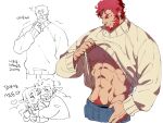  2boys abs bara bare_pectorals beard black_male_underwear chibi chibi_inset clothes_lift clothes_pull denim facial_hair fate/zero fate_(series) iskandar_(fate) jeans jeje_(pixiv12541114) korean_text lifted_by_self lord_el-melloi_ii male_focus male_pubic_hair male_underwear male_underwear_peek mature_male multiple_boys muscular muscular_male navel navel_hair nipples pants pants_pull pectorals pubic_hair red_eyes red_hair shirt_lift short_hair stomach translation_request underpec underwear waver_velvet yaoi 