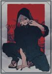  1boy absurdres bangs black_nails black_pants black_robe black_sclera colored_sclera commentary grey_background grey_hair hand_up highres ichi_asakura long_sleeves lower_teeth male_focus nail_polish one_knee pants parted_bangs red_background red_eyes sandals short_hair solo takizawa_seidou teeth toenail_polish toenails tokyo_ghoul tokyo_ghoul:re torn_clothes two-sided_fabric 