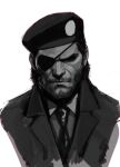  1boy beard big_boss closed_mouth cropped_torso eyepatch face facial_hair greyscale highres hikichi_sakuya male_focus mature_male metal_gear_(series) metal_gear_solid monochrome mustache necktie old old_man portrait short_hair sketch solo white_background wrinkled_skin 