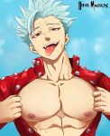  1boy :p abs ban_(nanatsu_no_taizai) bara bare_pectorals highres jacket jacket_pull large_pectorals leather leather_jacket looking_at_viewer male_focus mindfreakuchiha muscular muscular_male nanatsu_no_taizai nipples open_clothes open_jacket pectoral_focus pectorals pulled_by_self reward_available short_hair silver_hair solo spiked_hair tongue tongue_out upper_body 
