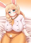  1girl :3 animal_ears aqua_eyes blonde_hair blush body_fur breasts copyright_request covered_navel cowboy_shot eyebrows_visible_through_hair furry furry_female hair_ornament hairclip highres horokusa_(korai) large_breasts long_hair looking_at_viewer rabbit_ears rabbit_girl sitting snout solo thick_eyebrows white_fur 