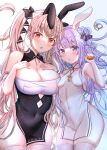  2girls alternate_costume animal_ears azur_lane bangs blunt_bangs breasts china_dress chinese_clothes cleavage commentary_request dress eyebrows_visible_through_hair fake_animal_ears fang_huu_(funfox) food formidable_(azur_lane) hair_bun hair_ornament hairband highres holding holding_food long_hair looking_at_viewer mid-autumn_festival mooncake multiple_girls one_side_up purple_eyes purple_hair rabbit_ears red_eyes side_bun side_slit sidelocks silver_hair simple_background thighhighs twintails unicorn_(azur_lane) white_background white_legwear zettai_ryouiki 