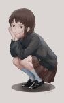  1girl absurdres asymmetrical_hair brown_eyes brown_hair chinese_commentary commentary_request full_body hair_ornament hairclip highres iwakura_lain looking_at_viewer school_uniform serial_experiments_lain short_hair simple_background skirt solo voidcity x_hair_ornament 