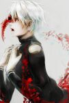  1boy bangs black_bodysuit black_nails bodysuit clothing_cutout grey_background grey_hair hands_up kagune_(tokyo_ghoul) kaneki_ken long_sleeves male_focus mask official_alternate_costume open_mouth profile red_eyes shiny shiny_hair short_hair shoulder_cutout simple_background solo straw_like teeth tokyo_ghoul upper_body 