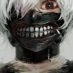  1boy bangs black_eyepatch black_shirt eyepatch face grey_background grey_hair kaneki_ken looking_at_viewer lowres male_focus mask mouth_mask red_eyes shirt short_hair simple_background solo straw_like teeth_print tokyo_ghoul torn_clothes torn_shirt 