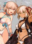  2girls absurdres ahoge aqua_bow bangs bare_shoulders bikini blonde_hair blush bow breasts cleavage collarbone dark-skinned_female dark_skin detached_sleeves fate/grand_order fate_(series) grey_eyes hair_bow half_updo highleg highleg_bikini highres large_breasts long_hair looking_at_viewer multi-strapped_bikini multiple_girls navel okita_j._souji_(fate) okita_souji_(alter_swimsuit_saber)_(fate) okita_souji_(fate) open_mouth ponytail short_hair smile swimsuit tassel thighs usamimikurage v very_long_hair water white_bikini white_hair wide_sleeves yellow_eyes 