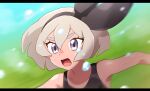  1girl bangs bare_arms bea_(pokemon) blonde_hair blurry bodysuit bow_hairband brown_hairband chiimako collarbone commentary_request day eyelashes face grass grey_eyes hair_between_eyes hairband letterboxed motion_blur open_mouth outdoors pokemon pokemon:_twilight_wings running solo sweat tongue upper_body water_drop 
