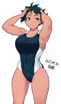  1girl armpits arms_up ass_visible_through_thighs black_eyes black_hair competition_swimsuit covered_navel dark-skinned_female dark_skin hands_in_hair looking_at_viewer makoto_(street_fighter) muscular muscular_female one-piece_swimsuit short_hair simple_background solo street_fighter swimsuit tan tomboy tsukudani_(coke-buta) wet wet_clothes wet_swimsuit white_background 