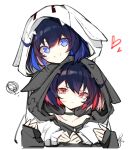  2girls absurdres black_choker black_hair black_hoodie black_sleeves blue_eyes blue_hair choker collarbone commentary dual_persona error1980 hair_between_eyes heart highres honkai_(series) honkai_impact_3rd hood hood_up hoodie hug long_sleeves medium_hair multicolored_hair multiple_girls parted_lips pout red_hair scar scar_on_face seele_(alter_ego) seele_vollerei signature simple_background smile streaked_hair two-tone_hair upper_body white_background white_hoodie white_sleeves 