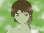  1girl asymmetrical_hair bare_shoulders brown_eyes brown_hair closed_mouth commentary derivative_work hair_ornament hairclip iwakura_lain looking_at_viewer screencap_redraw serial_experiments_lain short_hair solo x_hair_ornament yubi_kamii 