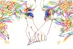  2girls absurdres colorful flower hands hatching_(texture) highres holding_hands multiple_girls original osmanthus signature simple_background striped tmari white_background yuri 