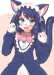 &gt;:) 1girl :3 :d animal_ear_fluff animal_ears animal_nose aqua_eyes bangs bell blue_fur blue_hair blush body_fur bow cat cat_ears cat_girl cat_tail commentary cowboy_shot cyan_(show_by_rock!!) fang furrification furry furry_female gothic_lolita highres horokusa_(korai) lolita_fashion long_hair looking_at_viewer maid_headdress open_mouth paw_pose pink_bow show_by_rock!! smile solo tail v-shaped_eyebrows white_fur 