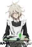  1boy alternate_costume apron bangs black_dress black_gloves blood choker commentary cowboy_shot danganronpa_(series) danganronpa_2:_goodbye_despair dress english_commentary enmaided gloves green_eyes grey_eyes grey_hair gun hair_between_eyes highres holding knife komaeda_nagito kyandii looking_at_viewer maid male_focus messy_hair pill pink_blood shiny shiny_hair simple_background smile solo teeth weapon white_apron white_background 