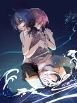  2girls alternate_costume animal_ears arknights bangs bare_shoulders blue_eyes blue_hair blue_poison_(arknights) blush camisole closed_eyes e-fa-dorn eyebrows_visible_through_hair glaucus_(arknights) highres holding_hands hug multicolored_hair multiple_girls ocean parted_lips partially_submerged pink_hair shorts slug_girl streaked_hair tail wading waves yuri 