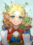 1girl blonde_hair blue_eyes braid brown_gloves cape crow0cc fingerless_gloves flower gloves hair_ornament hairclip hestu highres leaf looking_at_viewer pink_flower pink_rose pointy_ears princess_zelda puffy_sleeves red_cape red_flower red_rose rose smile solo the_legend_of_zelda the_legend_of_zelda:_breath_of_the_wild the_legend_of_zelda:_breath_of_the_wild_2 upper_body 