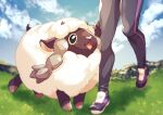  1boy :d black_eyes blurry cloud day grass highres hop_(pokemon) komame_(st_beans) male_focus open_mouth outdoors pants pokemon pokemon_(creature) pokemon_(game) pokemon_swsh shoes sky smile standing tongue wooloo 