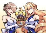  2girls :d absurdres armor armored_dress bangs bare_shoulders bianka_durandal_ataegina bianka_durandal_ataegina_(bright_knight:_excelsis) blonde_hair blue_eyes brown_hair closed_mouth dress earrings elbow_gloves fingerless_gloves gloves hair_between_eyes hair_over_one_eye hair_ribbon highres holding homu_(honkai_impact) honkai_(series) honkai_impact_3rd jewelry kaixuan_lushang long_hair looking_at_viewer mole mole_under_eye multiple_girls open_mouth purple_eyes ribbon rita_rossweisse rita_rossweisse_(artemis) short_hair sleeveless sleeveless_dress smile trophy white_gloves 