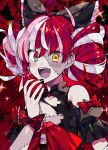  1girl black_nails bow colored_skin commentary double_bun eo_(dj0513) grey_skin hair_bow heterochromia hololive hololive_indonesia kureiji_ollie laughing mismatched_pupils patchwork_skin red_hair stitches symbol-only_commentary torn_clothes virtual_youtuber wrist_bow 