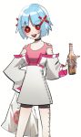  1girl :d absurdres bag bangs beer_bottle black_choker blue_hair blush bottle button_eyes buttons choker eyebrows_visible_through_hair grey_background highres holding holding_bag identity_v kyandii long_sleeves looking_at_viewer off_shoulder open_mouth original piercing pink_shirt shiny shiny_hair shirt simple_background smile solo teeth upper_teeth 