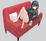  1girl absurdres barefoot black_hair blue_eyes book breasts couch feet grey_background grey_eyes hair_between_eyes highres holding holding_book looking_at_viewer medium_breasts original ryou_(ponpgo) short_hair shorts solo 