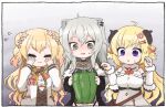  3girls animal_ears bell_pepper blonde_hair chibi commentary_request flying_sweatdrops grey_hair hololive horns lion_ears lion_girl momosuzu_nene multiple_girls nervous pepper sheep_ears sheep_girl sheep_horns shishiro_botan tonton_(tonz159) tsunomaki_watame upper_body virtual_youtuber 