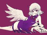  1girl angel_wings bare_shoulders beige_jacket bow bowtie braid breasts collared_dress covered_navel dress eyebrows_visible_through_hair finger_to_mouth french_braid hair_between_eyes hand_to_own_mouth highres jacket jacket_removed kishin_sagume looking_at_viewer lying medium_breasts on_side purple_background purple_dress purple_eyes red_bow red_bowtie short_hair silver_hair solo subaru_(subachoco) thighs touhou wings 