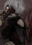  1boy black_nails black_shirt brown_background clothing_cutout gradient gradient_background grey_hair hand_up kagune_(tokyo_ghoul) kaneki_ken long_sleeves male_focus mask nail_polish no_pupils one_eye_covered open_mouth shiny shiny_hair shirt shoulder_cutout solo straw_like teeth tokyo_ghoul 