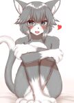  1other :3 absurdres ambiguous_gender animal_ears animal_hands animal_nose blush body_fur cat cat_ears cat_girl cat_tail claws collarbone commentary fang full_body furry grey_fur grey_hair heart highres horokusa_(korai) on_bed open_mouth original simple_background sitting sitting_on_bed slit_pupils solo tail whiskers white_background white_fur 