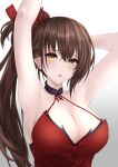  1girl arm_behind_head armpits arms_up azur_lane bangs breasts brown_hair cleavage commentary_request dress eyebrows_visible_through_hair eyeshadow grey_background hair_between_eyes hair_ornament head_tilt highres hokkaidonder large_breasts long_hair looking_at_viewer makeup parted_lips red_dress side_ponytail sidelocks solo spaghetti_strap yellow_eyes zuikaku_(azur_lane) 