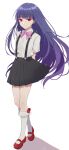  1girl absurdres arms_behind_back bangs black_skirt blunt_bangs bow bowtie closed_mouth collared_shirt commentary eyebrows_visible_through_hair full_body furude_rika highres higurashi_no_naku_koro_ni kneehighs long_hair looking_at_viewer mary_janes pleated_skirt purple_bow purple_bowtie purple_hair red_eyes red_footwear school_uniform seina1211 shadow shirt shirt_tucked_in shoes short_sleeves simple_background skirt solo standing suspender_skirt suspenders very_long_hair white_background white_legwear white_shirt 