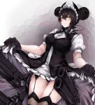  1girl agent_(girls&#039;_frontline) black_hair breasts clothes_lift commission double_bun dress dress_lift garter_straps girls&#039;_frontline highres marche_mk14 medium_breasts medium_hair sangvis_ferri skeb_commission smile solo thighhighs yellow_eyes 