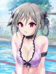  1girl :o alternate_hairstyle arm_strap bare_shoulders bikini bkcnvkniwoz0f4d black_bow blurry blurry_background blush bow braid breasts collarbone grey_hair hair_bow hair_ribbon highres idolmaster idolmaster_cinderella_girls kanzaki_ranko large_breasts looking_at_viewer navel pool purple_bikini red_eyes ribbon solo swimsuit twin_braids upper_body water wet 